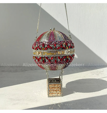 Alizekerr Hot Air Balloon Shaped Crystal Evening Bags Women Luxury Classy Unique Rhinestone Circular Clutch Purses Wedding Party