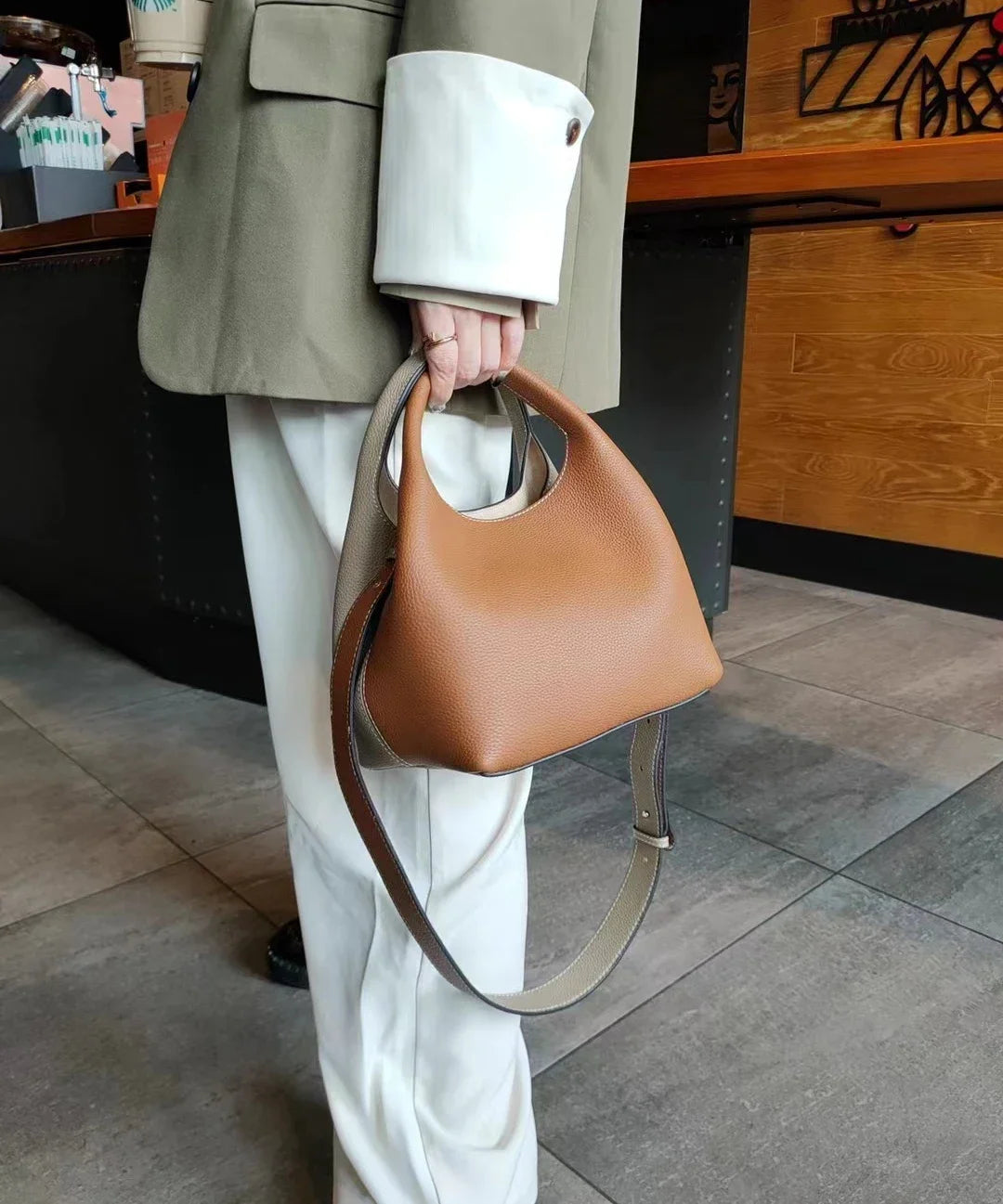 TOGO Cowhide Bucket Bag With Niche Design Color Blocking Luxury Designer Single Shoulder Diagonal Cross Women's Bag Tote Bag