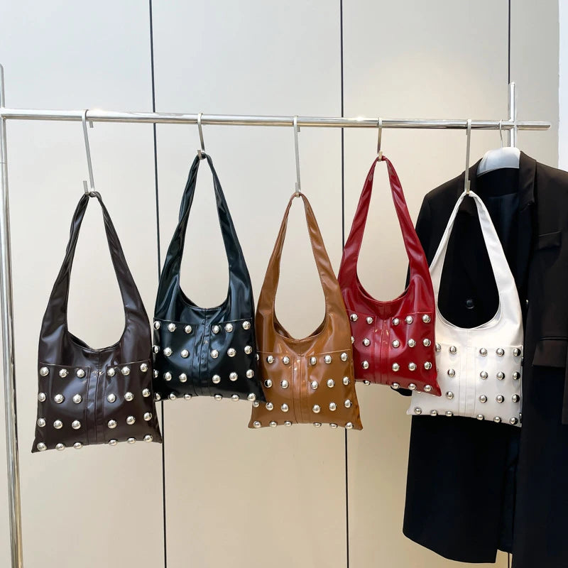 New Genuine Leather Rivet Bucket Bag Fashionabl Personality Trendy Cool Polka Dot Rivet Casual Luxury Brand Underarm Bag Handbag