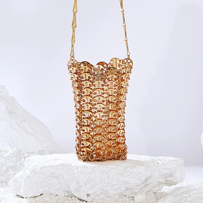 Women Bags Silver Metal Evening Bags Sequins Chain Woven Bag Hollow Clutch Purse Female Travel Holiday Shoulder Bag Handbag