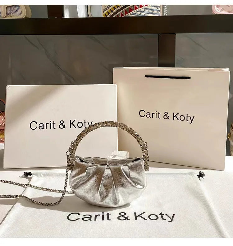Luxury Circular Metal Handle Mini Bag Women Handbag Glitter Shiny Rhinestone Evening Bag Wedding Party Clutch Purse Shoulder Bag