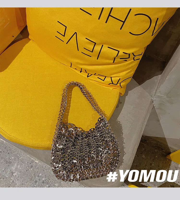 Women Bags Silver Metal Evening Bags Sequins Chain Woven Bag Hollow Clutch Purse Female Travel Holiday Shoulder Bag Handbag