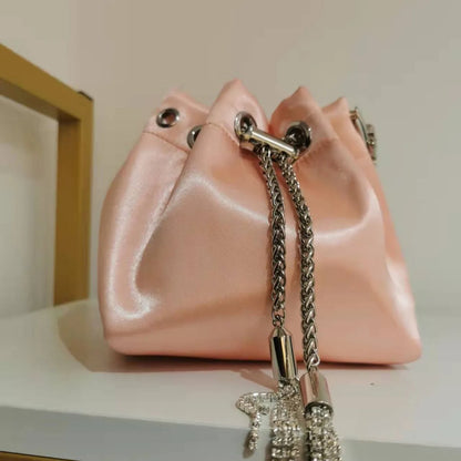 WOMEN BAG High Quality Silk Bucket Bags Diamonds Female Personalized Shoulder Tassels Chains Handbags For Women Crossbady Bag