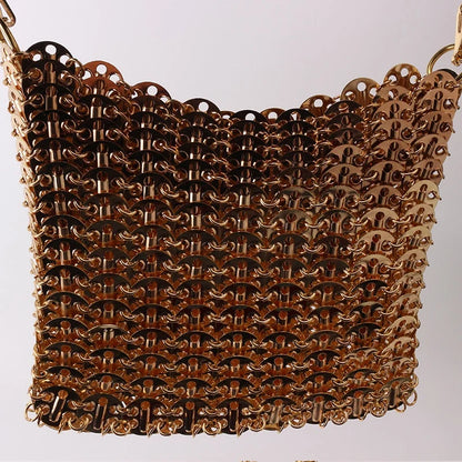Women Bags Silver Metal Evening Bags Sequins Chain Woven Bag Hollow Clutch Purse Female Travel Holiday Shoulder Bag Handbag