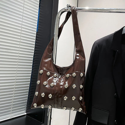 New Genuine Leather Rivet Bucket Bag Fashionabl Personality Trendy Cool Polka Dot Rivet Casual Luxury Brand Underarm Bag Handbag