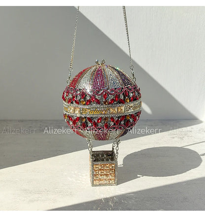Alizekerr Hot Air Balloon Shaped Crystal Evening Bags Women Luxury Classy Unique Rhinestone Circular Clutch Purses Wedding Party