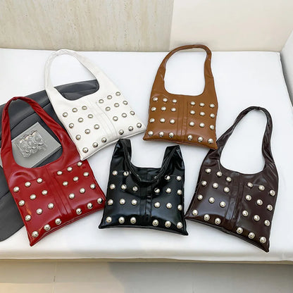 New Genuine Leather Rivet Bucket Bag Fashionabl Personality Trendy Cool Polka Dot Rivet Casual Luxury Brand Underarm Bag Handbag