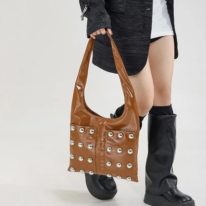 New Genuine Leather Rivet Bucket Bag Fashionabl Personality Trendy Cool Polka Dot Rivet Casual Luxury Brand Underarm Bag Handbag