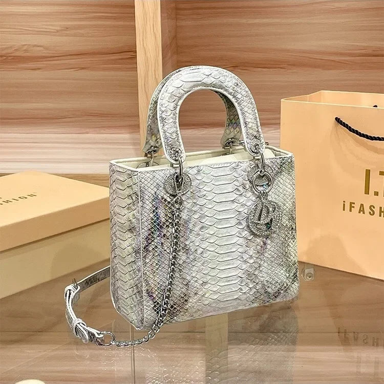 2024 New Luxury Snake Pattern Handbag Women's Fashionable Chain Shoulder Crossbody Bag True Leather Handbags