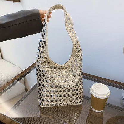 New Genuine Leather Rivet Bucket Bag Fashionabl Personality Trendy Cool Polka Dot Rivet Casual Luxury Brand Underarm Bag Handbag