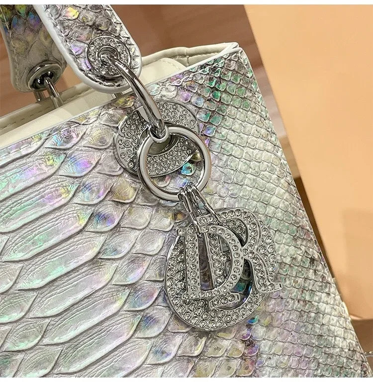 2024 New Luxury Snake Pattern Handbag Women's Fashionable Chain Shoulder Crossbody Bag True Leather Handbags