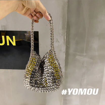 Women Bags Silver Metal Evening Bags Sequins Chain Woven Bag Hollow Clutch Purse Female Travel Holiday Shoulder Bag Handbag