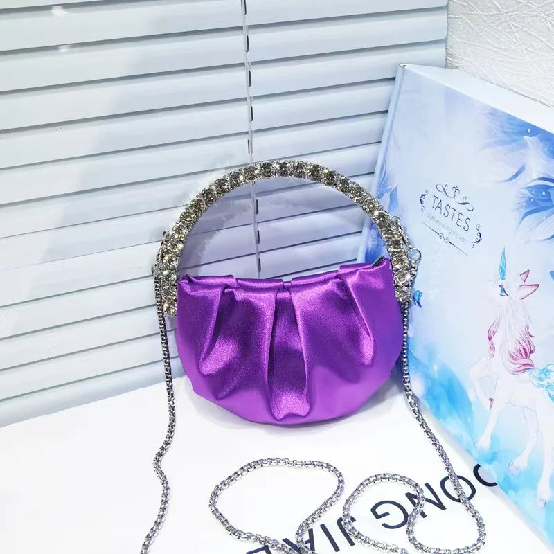 Luxury Circular Metal Handle Mini Bag Women Handbag Glitter Shiny Rhinestone Evening Bag Wedding Party Clutch Purse Shoulder Bag