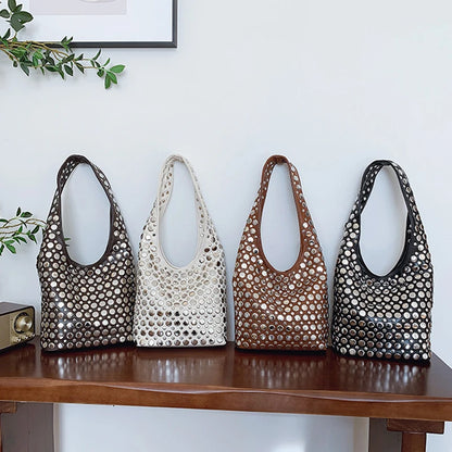 New Genuine Leather Rivet Bucket Bag Fashionabl Personality Trendy Cool Polka Dot Rivet Casual Luxury Brand Underarm Bag Handbag