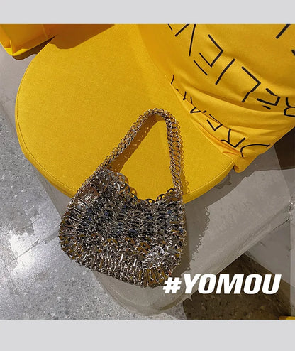 Women Bags Silver Metal Evening Bags Sequins Chain Woven Bag Hollow Clutch Purse Female Travel Holiday Shoulder Bag Handbag