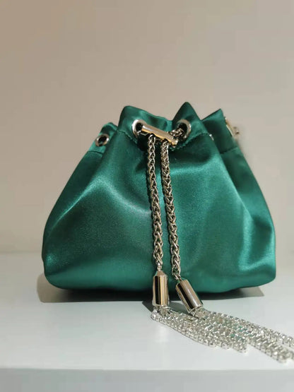 WOMEN BAG High Quality Silk Bucket Bags Diamonds Female Personalized Shoulder Tassels Chains Handbags For Women Crossbady Bag
