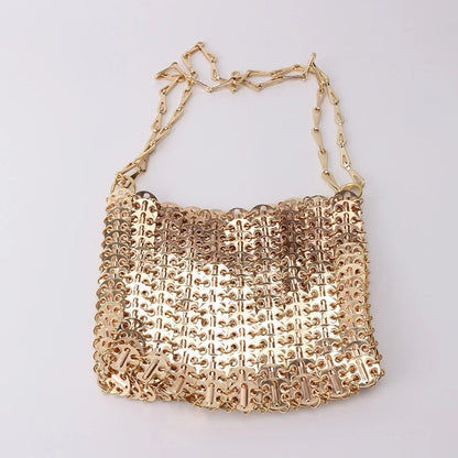 Women Bags Silver Metal Evening Bags Sequins Chain Woven Bag Hollow Clutch Purse Female Travel Holiday Shoulder Bag Handbag