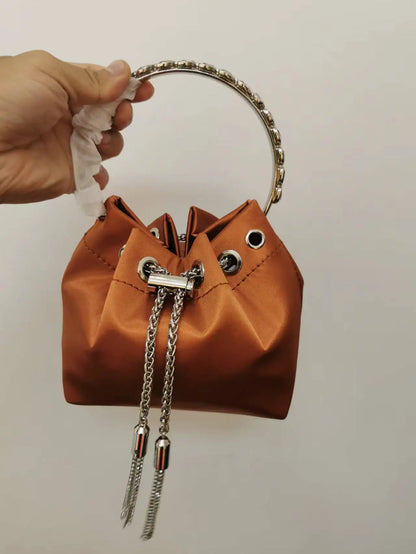 WOMEN BAG High Quality Silk Bucket Bags Diamonds Female Personalized Shoulder Tassels Chains Handbags For Women Crossbady Bag
