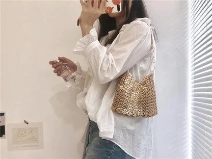 Women Bags Silver Metal Evening Bags Sequins Chain Woven Bag Hollow Clutch Purse Female Travel Holiday Shoulder Bag Handbag