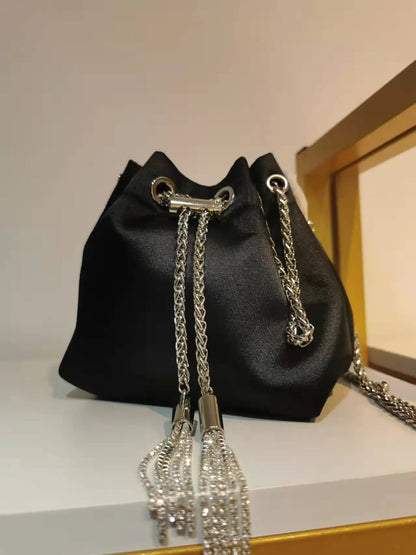 WOMEN BAG High Quality Silk Bucket Bags Diamonds Female Personalized Shoulder Tassels Chains Handbags For Women Crossbady Bag