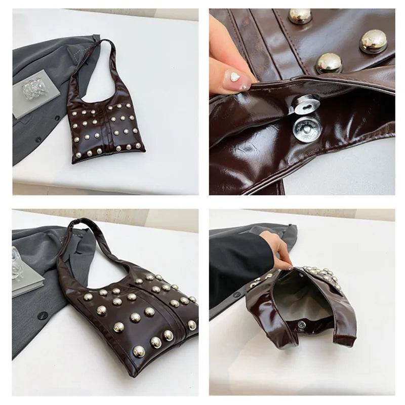 New Genuine Leather Rivet Bucket Bag Fashionabl Personality Trendy Cool Polka Dot Rivet Casual Luxury Brand Underarm Bag Handbag