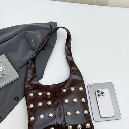 New Genuine Leather Rivet Bucket Bag Fashionabl Personality Trendy Cool Polka Dot Rivet Casual Luxury Brand Underarm Bag Handbag