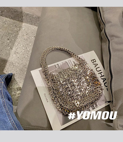 Women Bags Silver Metal Evening Bags Sequins Chain Woven Bag Hollow Clutch Purse Female Travel Holiday Shoulder Bag Handbag