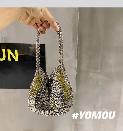 Women Bags Silver Metal Evening Bags Sequins Chain Woven Bag Hollow Clutch Purse Female Travel Holiday Shoulder Bag Handbag