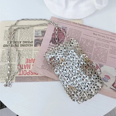 Women Bags Silver Metal Evening Bags Sequins Chain Woven Bag Hollow Clutch Purse Female Travel Holiday Shoulder Bag Handbag