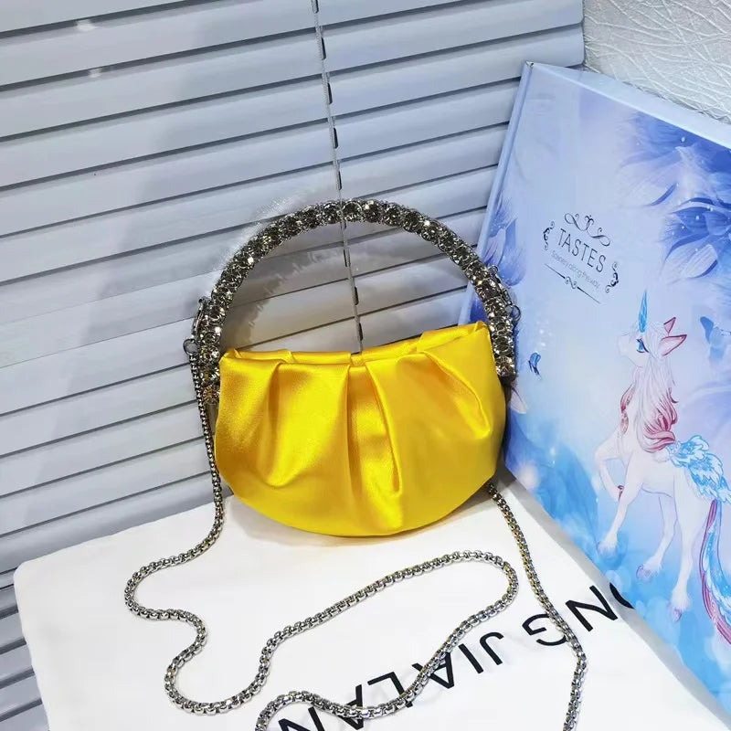 Luxury Circular Metal Handle Mini Bag Women Handbag Glitter Shiny Rhinestone Evening Bag Wedding Party Clutch Purse Shoulder Bag
