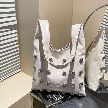 New Genuine Leather Rivet Bucket Bag Fashionabl Personality Trendy Cool Polka Dot Rivet Casual Luxury Brand Underarm Bag Handbag