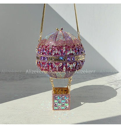 Alizekerr Hot Air Balloon Shaped Crystal Evening Bags Women Luxury Classy Unique Rhinestone Circular Clutch Purses Wedding Party