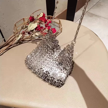 Women Bags Silver Metal Evening Bags Sequins Chain Woven Bag Hollow Clutch Purse Female Travel Holiday Shoulder Bag Handbag