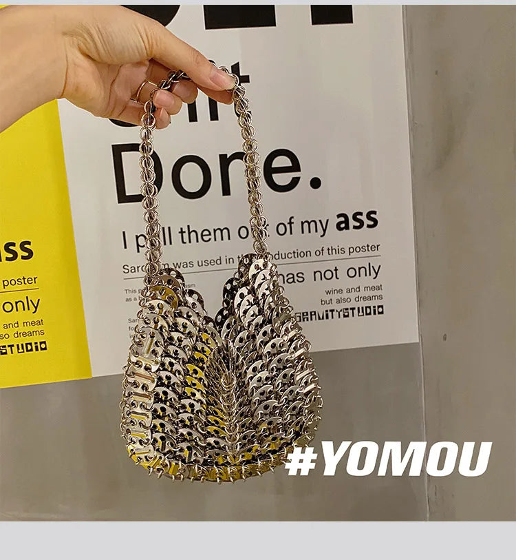Women Bags Silver Metal Evening Bags Sequins Chain Woven Bag Hollow Clutch Purse Female Travel Holiday Shoulder Bag Handbag