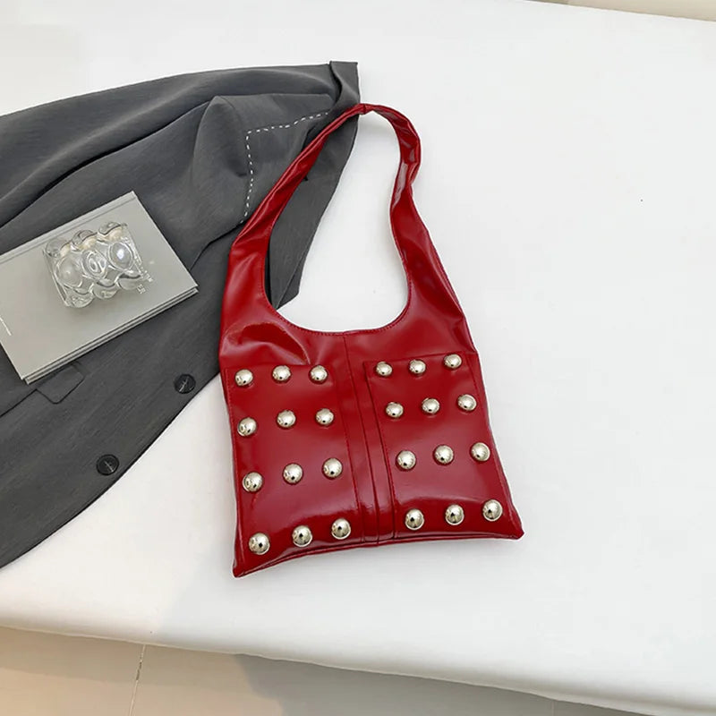 New Genuine Leather Rivet Bucket Bag Fashionabl Personality Trendy Cool Polka Dot Rivet Casual Luxury Brand Underarm Bag Handbag