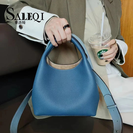 TOGO Cowhide Bucket Bag With Niche Design Color Blocking Luxury Designer Single Shoulder Diagonal Cross Women's Bag Tote Bag