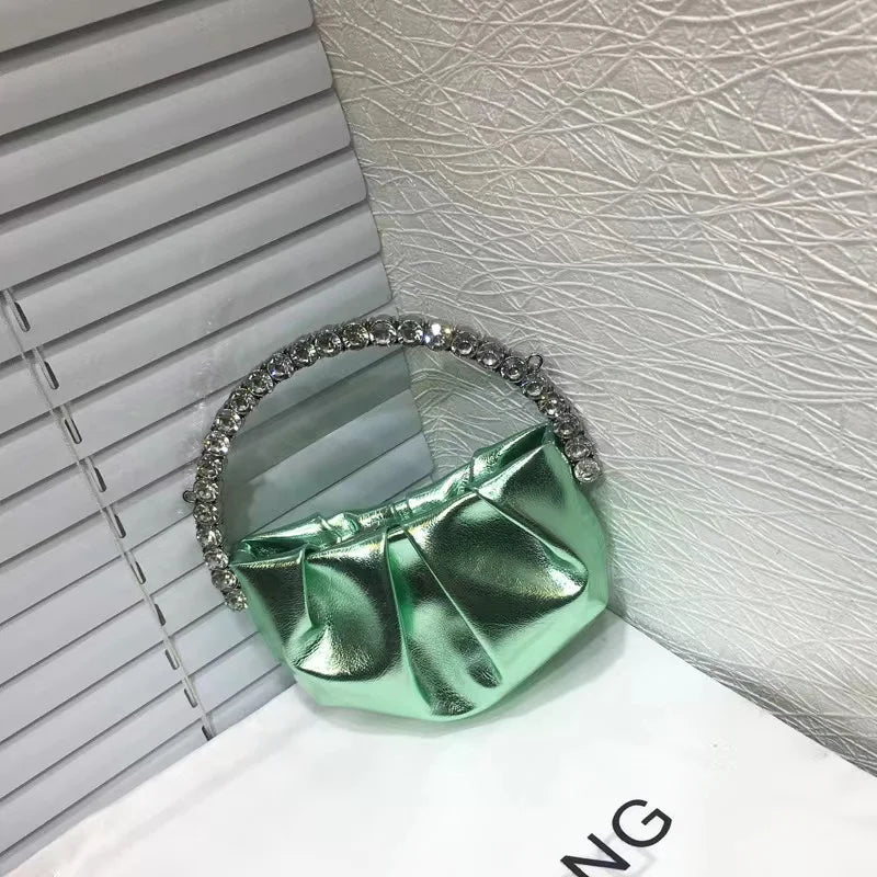Luxury Circular Metal Handle Mini Bag Women Handbag Glitter Shiny Rhinestone Evening Bag Wedding Party Clutch Purse Shoulder Bag