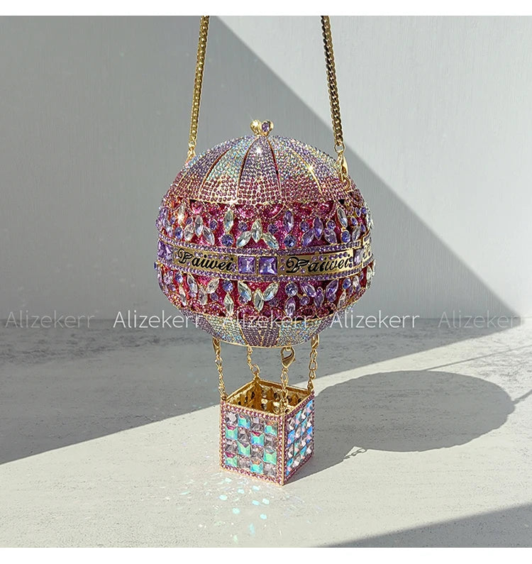Alizekerr Hot Air Balloon Shaped Crystal Evening Bags Women Luxury Classy Unique Rhinestone Circular Clutch Purses Wedding Party