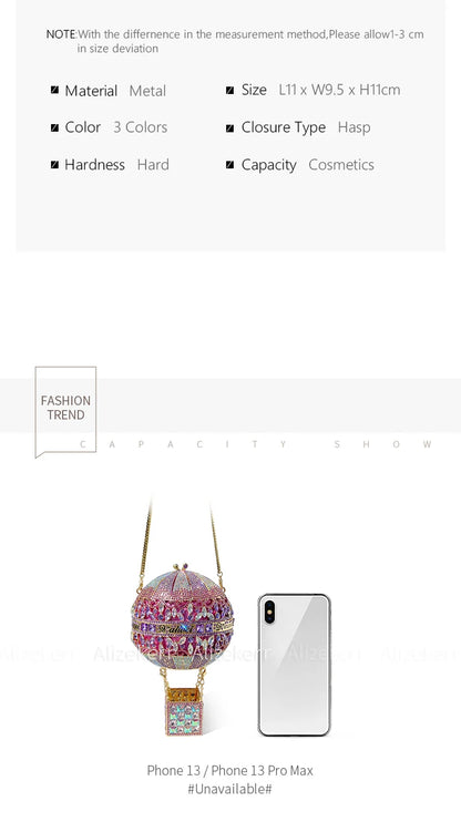Alizekerr Hot Air Balloon Shaped Crystal Evening Bags Women Luxury Classy Unique Rhinestone Circular Clutch Purses Wedding Party
