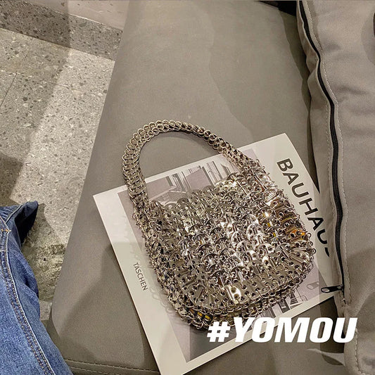 Women Bags Silver Metal Evening Bags Sequins Chain Woven Bag Hollow Clutch Purse Female Travel Holiday Shoulder Bag Handbag