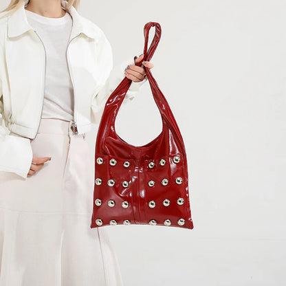 New Genuine Leather Rivet Bucket Bag Fashionabl Personality Trendy Cool Polka Dot Rivet Casual Luxury Brand Underarm Bag Handbag