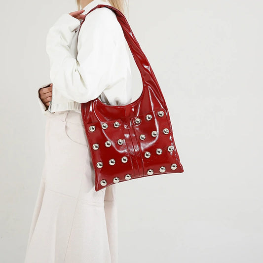 New Genuine Leather Rivet Bucket Bag Fashionabl Personality Trendy Cool Polka Dot Rivet Casual Luxury Brand Underarm Bag Handbag