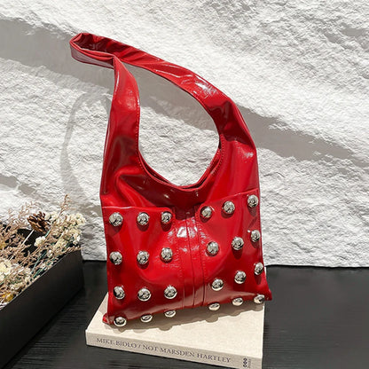 New Genuine Leather Rivet Bucket Bag Fashionabl Personality Trendy Cool Polka Dot Rivet Casual Luxury Brand Underarm Bag Handbag