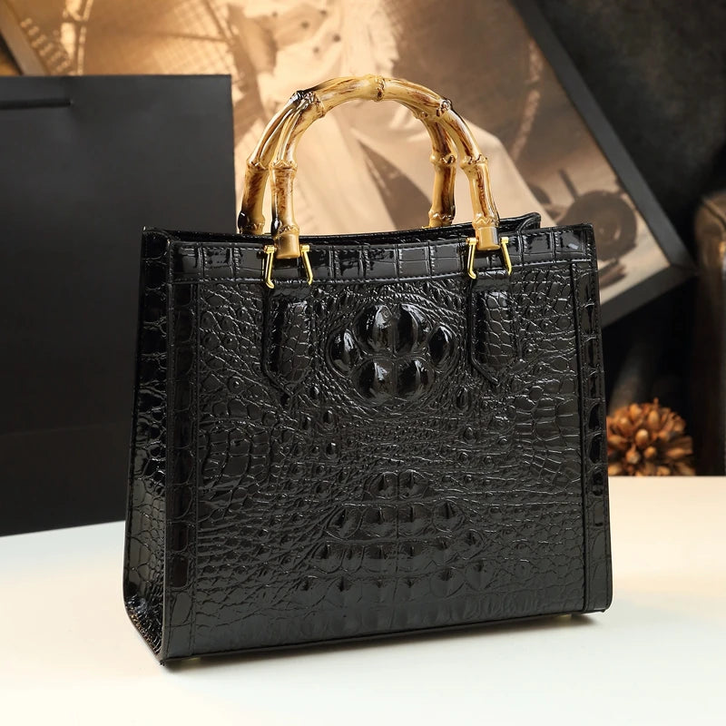Brand Genuine Leather Real Bamboo Women's Bag Crocodile Pattern Handbag Portable Tote Bag Mom Tide Shoulder Messenger Bags