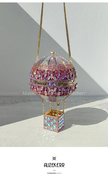 Alizekerr Hot Air Balloon Shaped Crystal Evening Bags Women Luxury Classy Unique Rhinestone Circular Clutch Purses Wedding Party