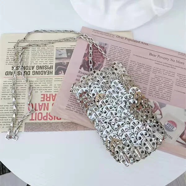Women Bags Silver Metal Evening Bags Sequins Chain Woven Bag Hollow Clutch Purse Female Travel Holiday Shoulder Bag Handbag