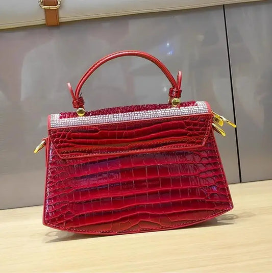 Fashion Diamonds Women Handbags 2023 Red Genuine Leather Lady Shoulder Messenger Bag Crocodile Pattern Portable Shell Tote Bags