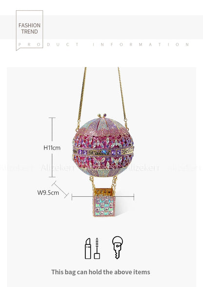 Alizekerr Hot Air Balloon Shaped Crystal Evening Bags Women Luxury Classy Unique Rhinestone Circular Clutch Purses Wedding Party