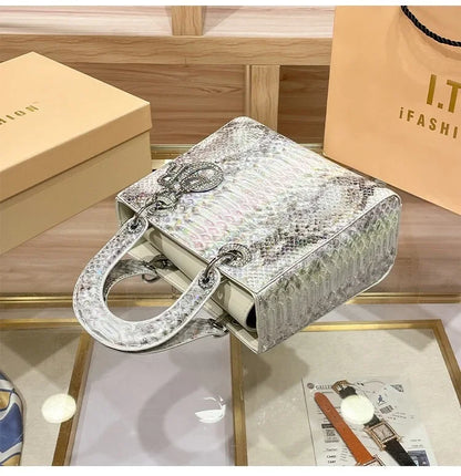 2024 New Luxury Snake Pattern Handbag Women's Fashionable Chain Shoulder Crossbody Bag True Leather Handbags
