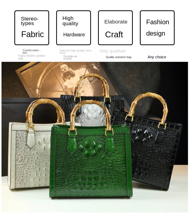 Brand Genuine Leather Real Bamboo Women's Bag Crocodile Pattern Handbag Portable Tote Bag Mom Tide Shoulder Messenger Bags